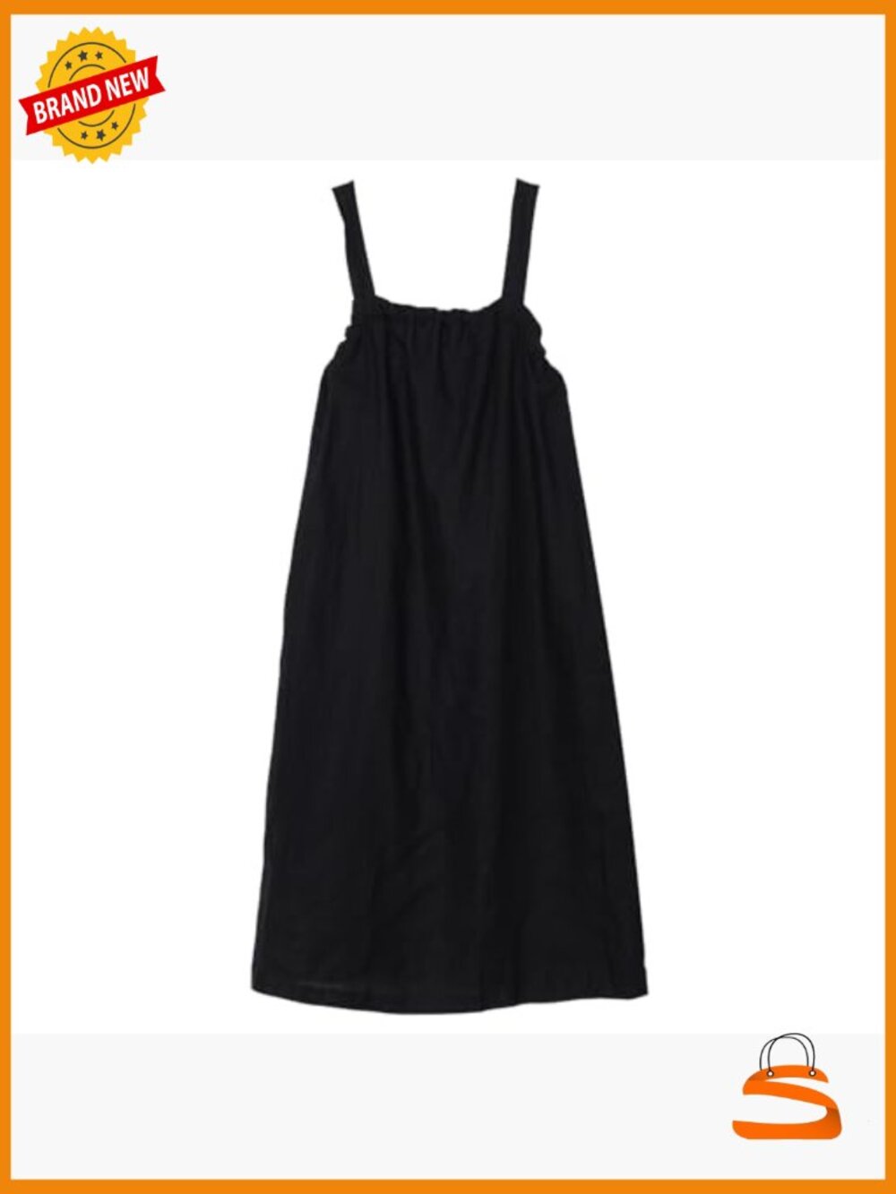 100% Linen Square Neck Sleeveless Tie Strap Midi Dress with Pockets - Picture 3 of 7